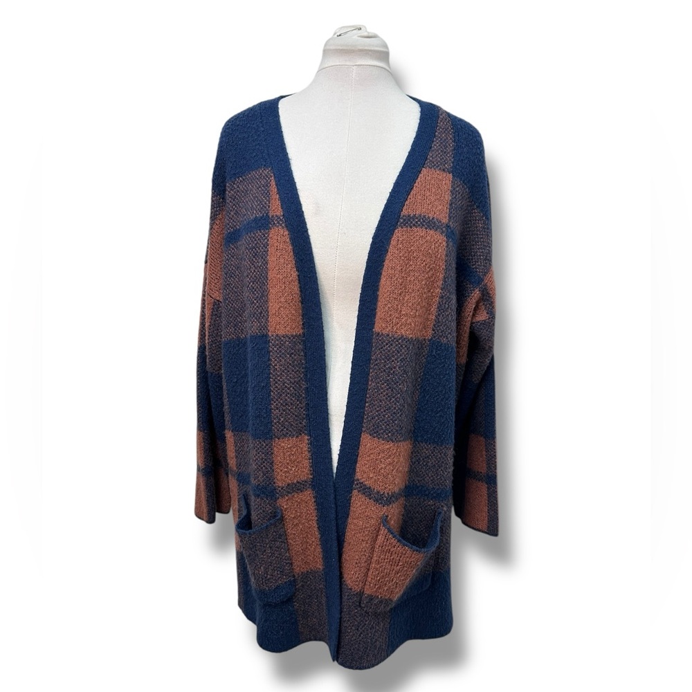 JustFab Women’s Open Front Soft Wool Blend Plaid Cardigan Sweater Brown/Blue 1X